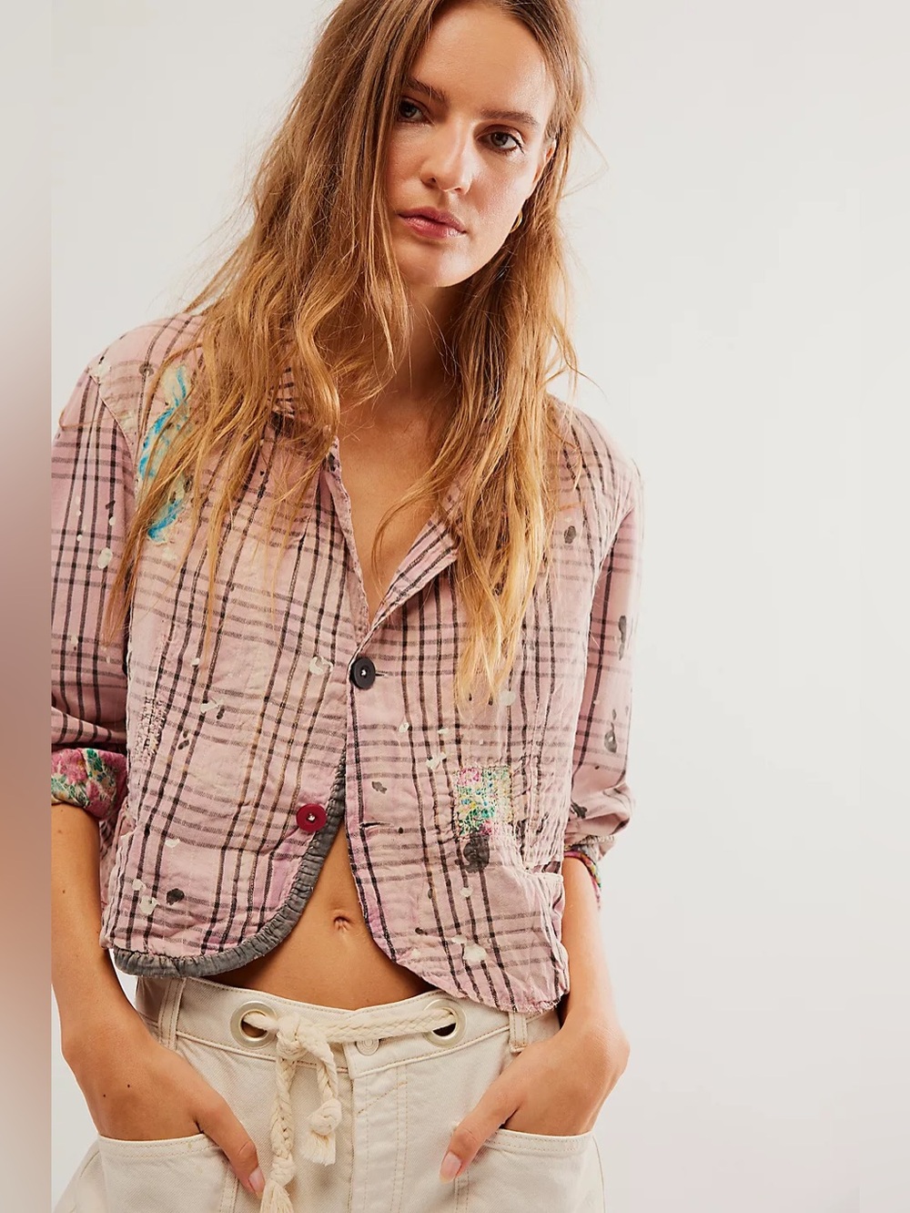 Magnolia Pearl Teleck Jacket Reversible Plaid Floral Cropped Jacket Pink OS